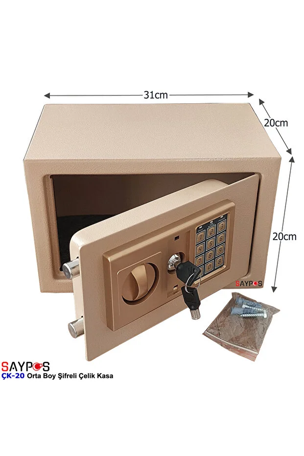 Şık Tasarımlı 2ocm'lik Şifreli Çelik Kasa, Elektronik Tuşlu Değerli Eşya ve Para Kasası 31x20x20cm